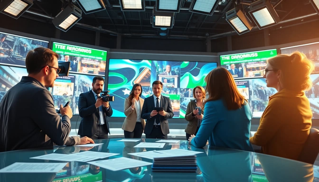 Journalists collaborating in a vibrant newsroom at https://www.thedailynewsonline.com, showcasing diversity and modern media.