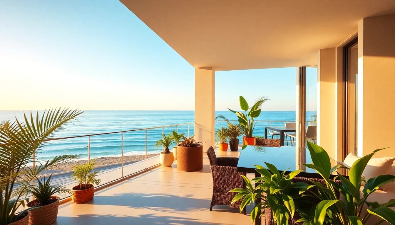 View of a luxurious apartment for sale in Alanya with stunning beach views and modern design.