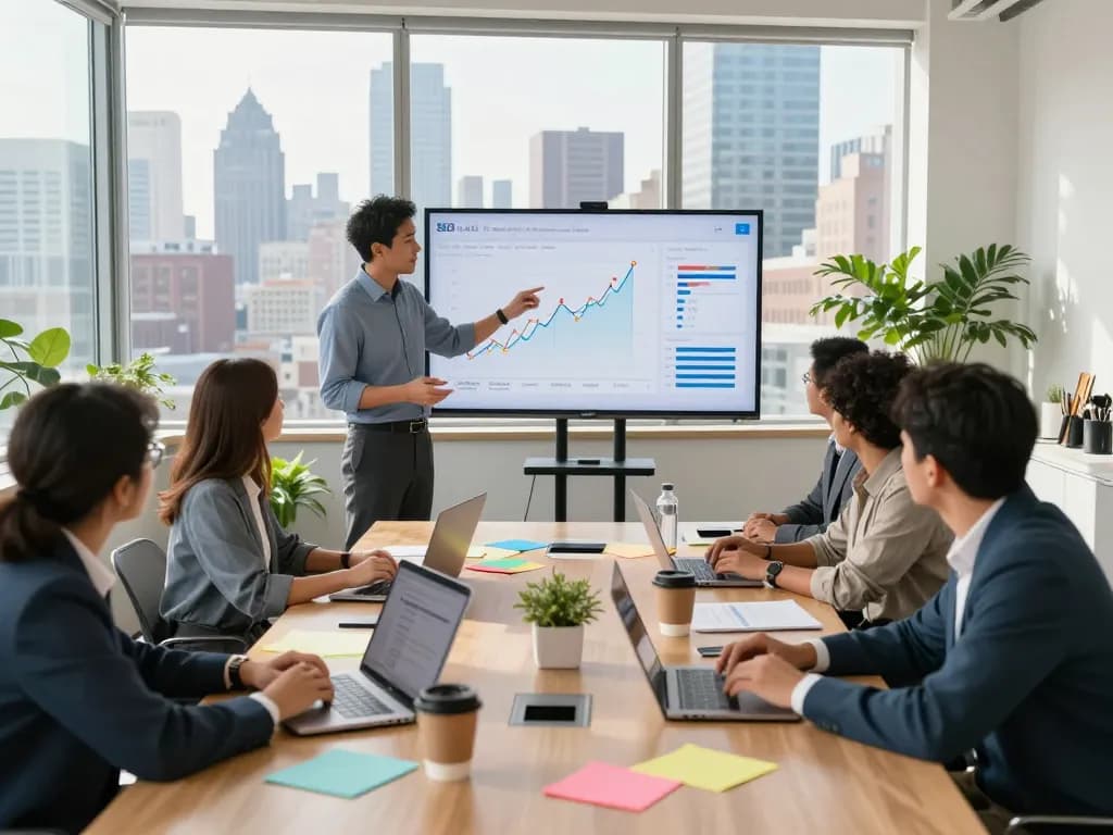 SEO Company in NYC team meeting, showcasing data-driven strategies in a modern office
