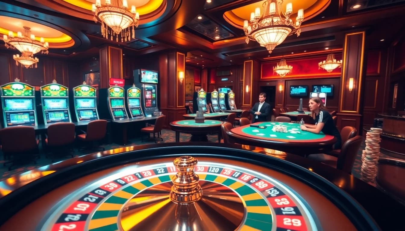 Experience the excitement of Nhà cái MM88 with players enjoying poker and roulette at a vibrant casino.
