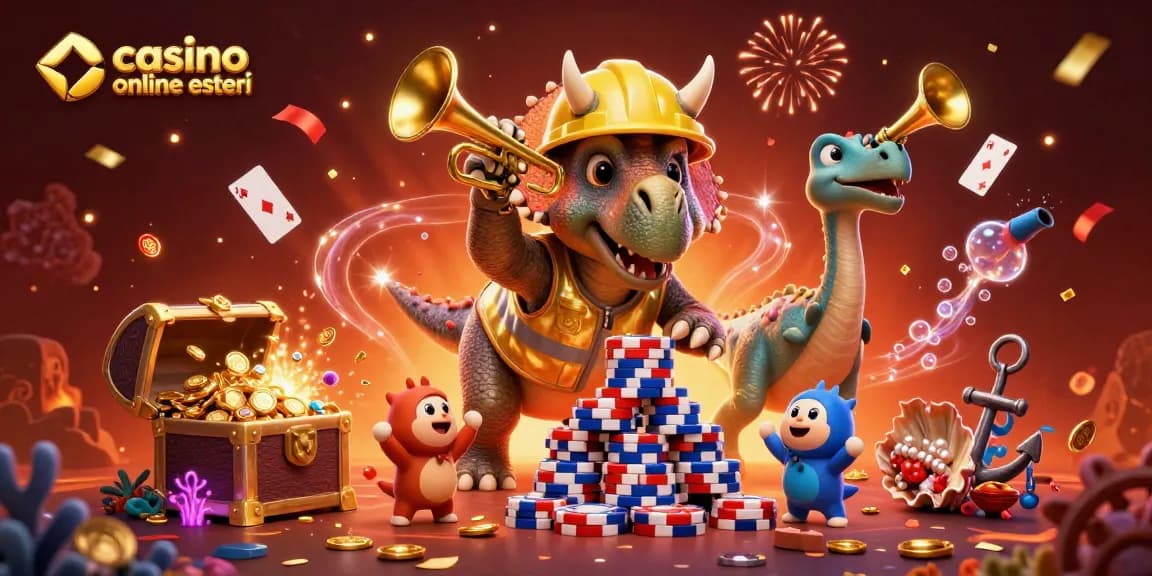 Gioca nei migliori casinò online esteri con un'affascinante illustrazione di un triceratopo e un parasaurolophus.
