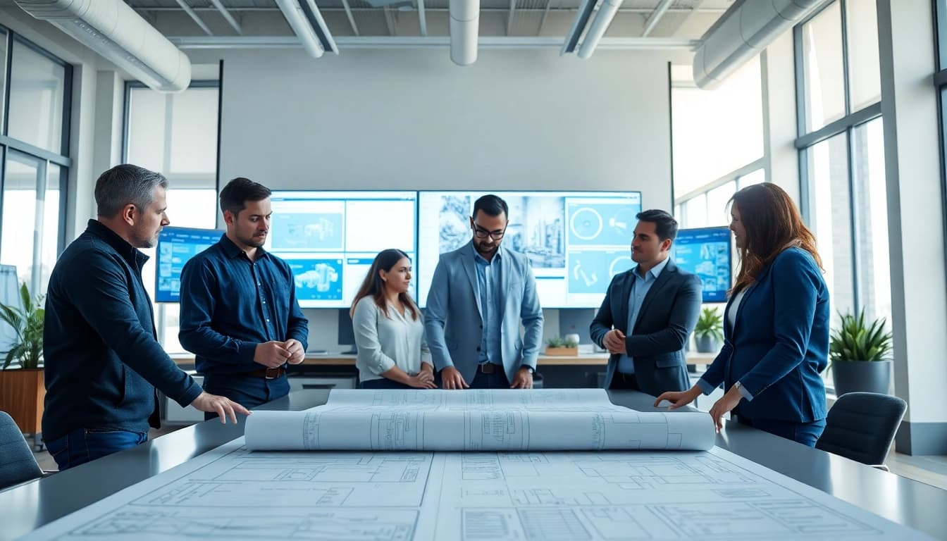 Engineering services collaboration among professionals in a modern office setting
