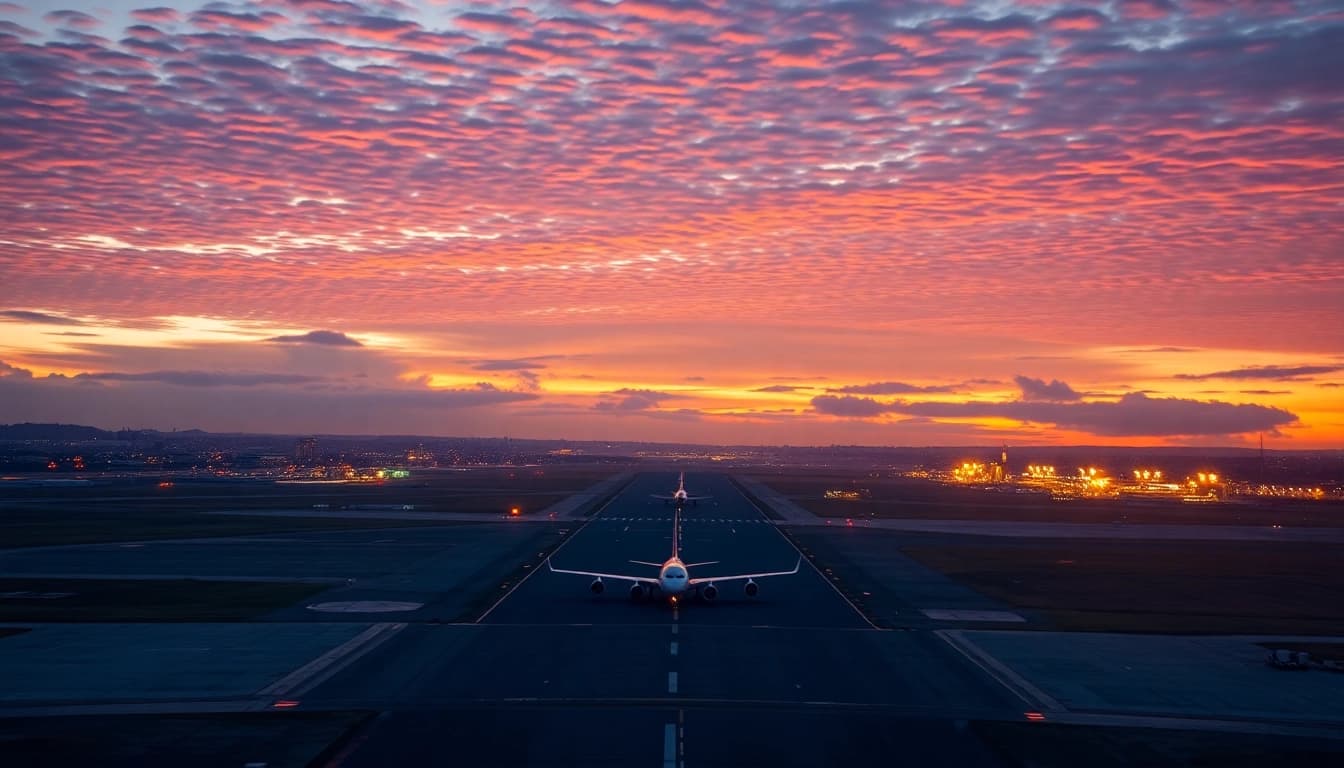 Explore the busy Edinburgh Airport with a plane taxiing amidst a beautiful sunset glow.