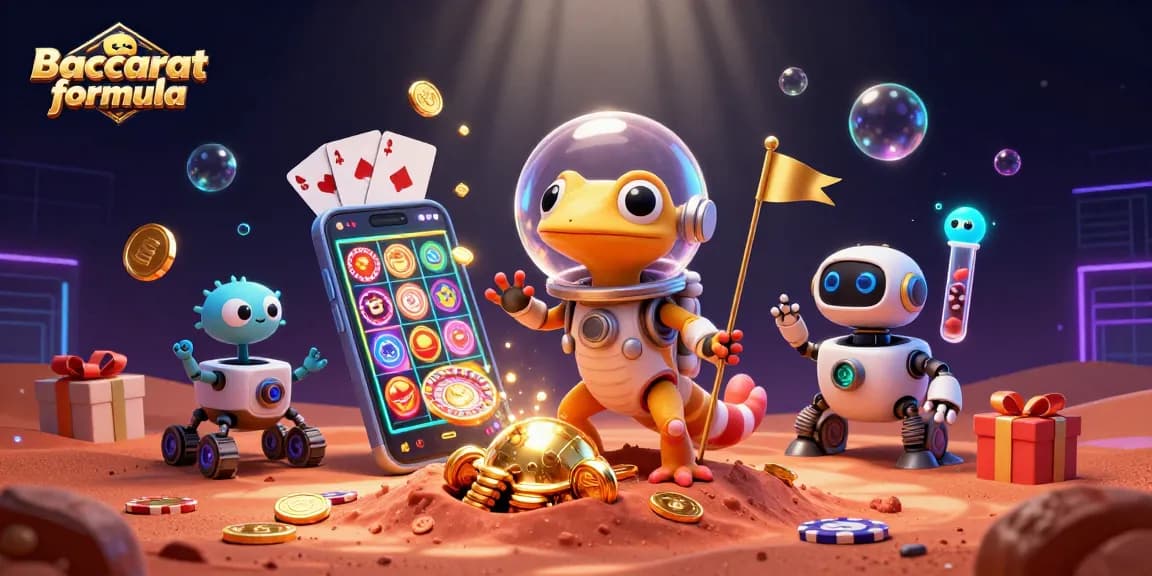 Discovering the Baccarat formula in a creative casino scene with a Martian gecko and gaming elements.