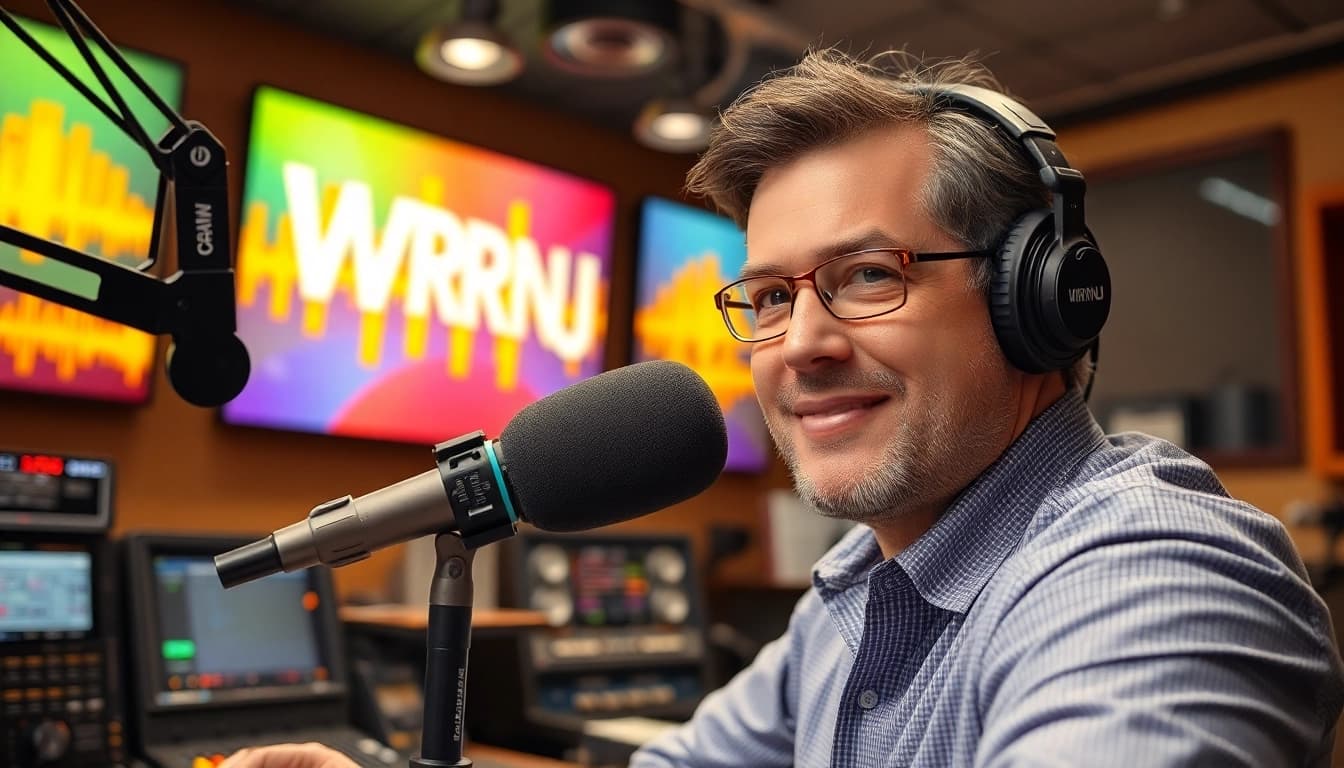 Engaging broadcaster at WRNJ Radio studio, capturing vibrant radio vibes.