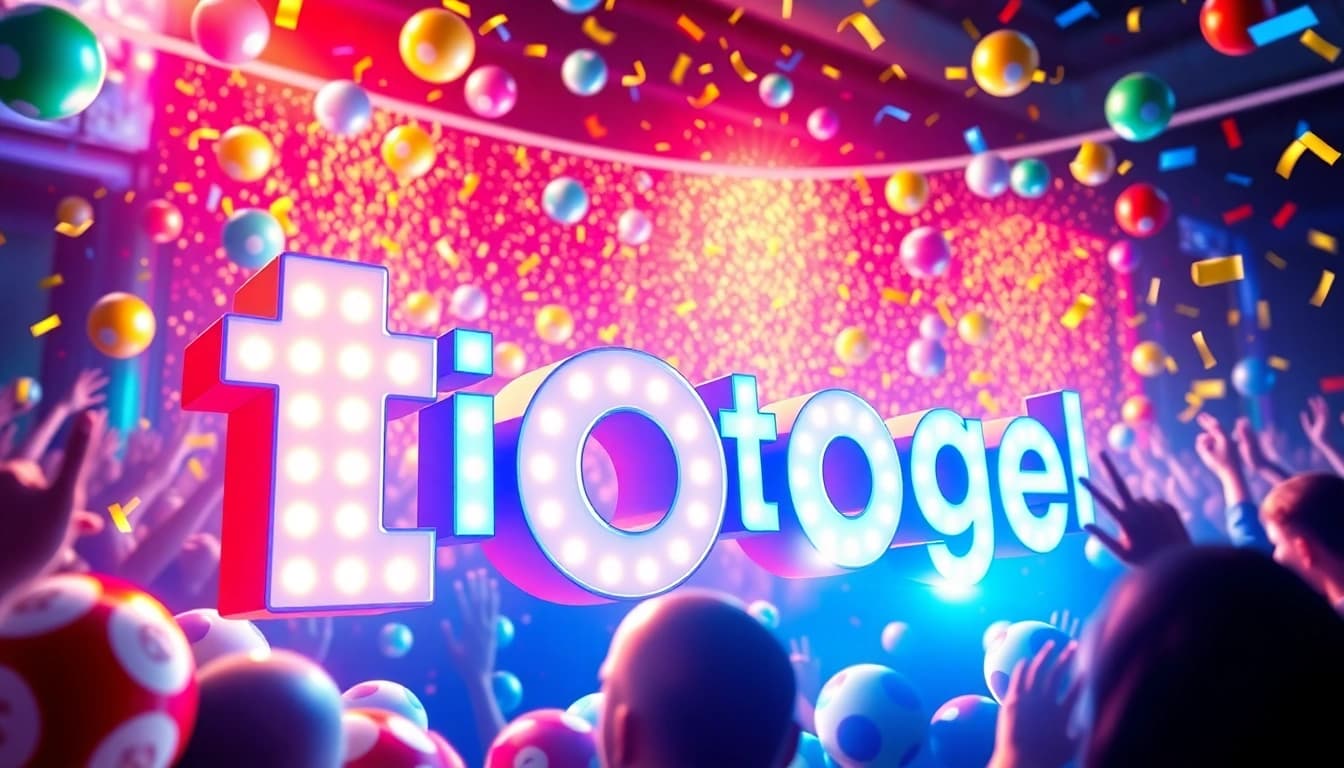 Menampilkan suasana ceria dari diantogel dengan nomor lotre berwarna-warni dan perayaan.