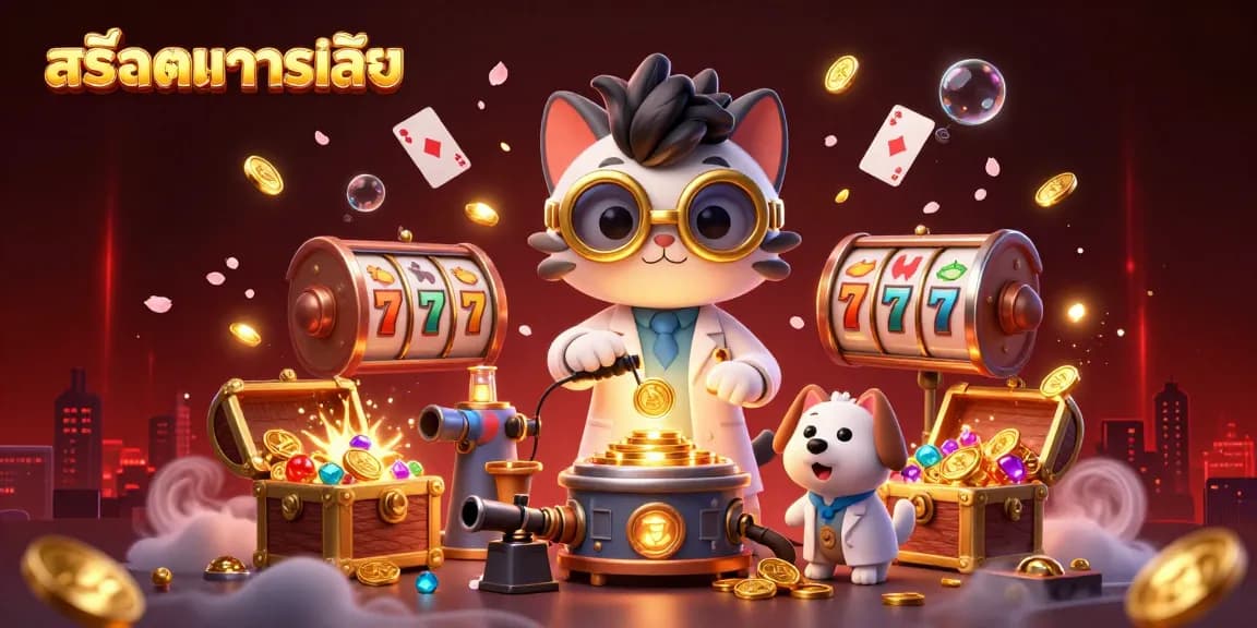 Experience สล็อตทดลองเล่น by witnessing a mad scientist cat and assistant dog creating winning strategies with gold coins and slot elements.