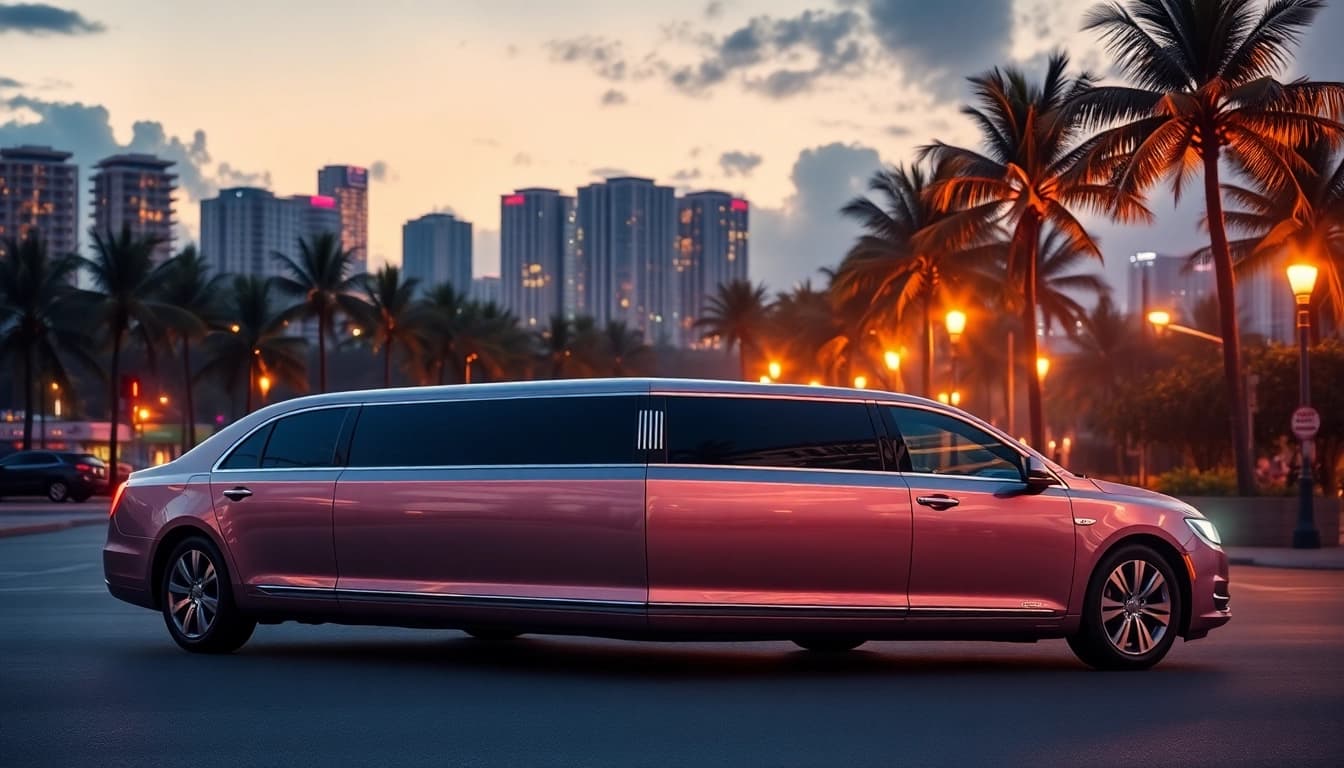 Experience Miami Florida limo service with a luxurious limousine against the stunning Miami skyline.