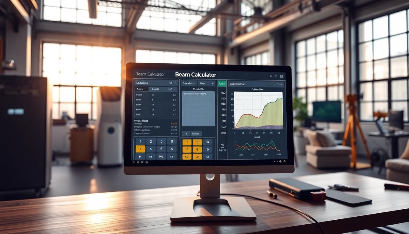 Interactive beam calculator on a modern screen in a professional engineering office.