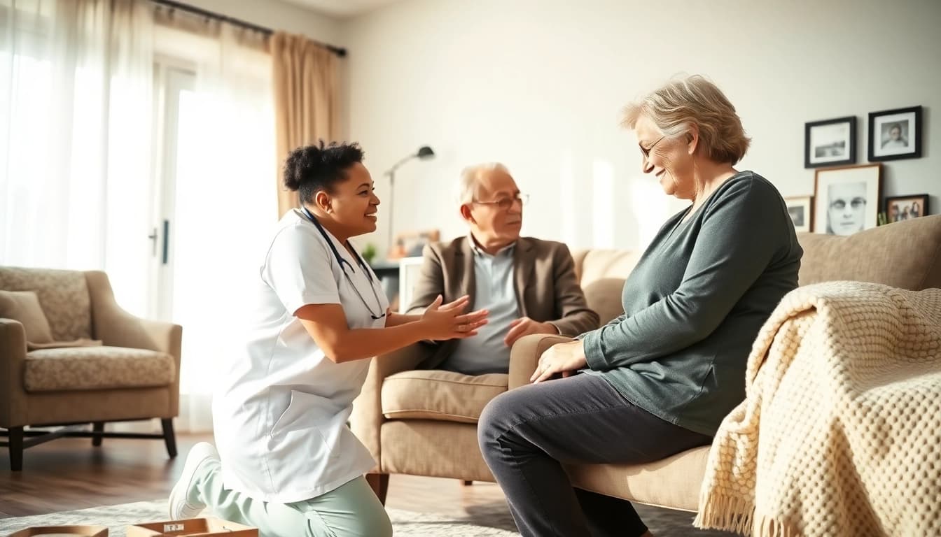 Caregiver delivering in home care austin tx to an elderly client in a cozy living room.