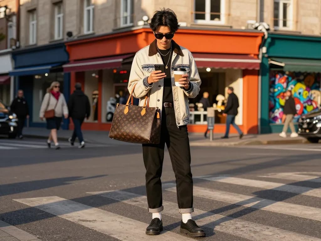 Showcase of a stylish 레플리카 handbag in an urban fashion scene with vibrant surroundings.