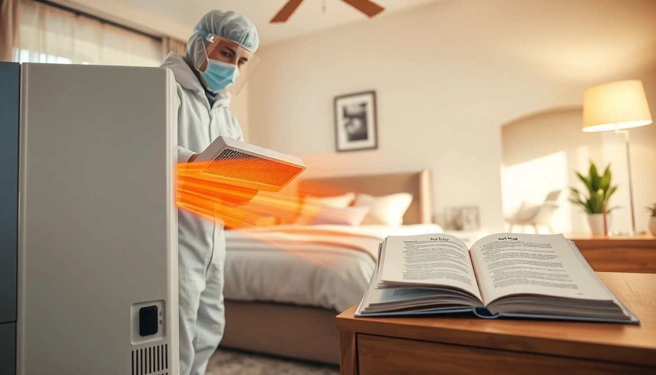 Technician performing bed bug heat treatment in a residential bedroom.