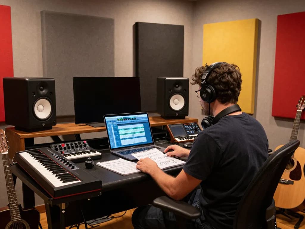 Musician at workstation with Roland SC88 sound module, recording music.