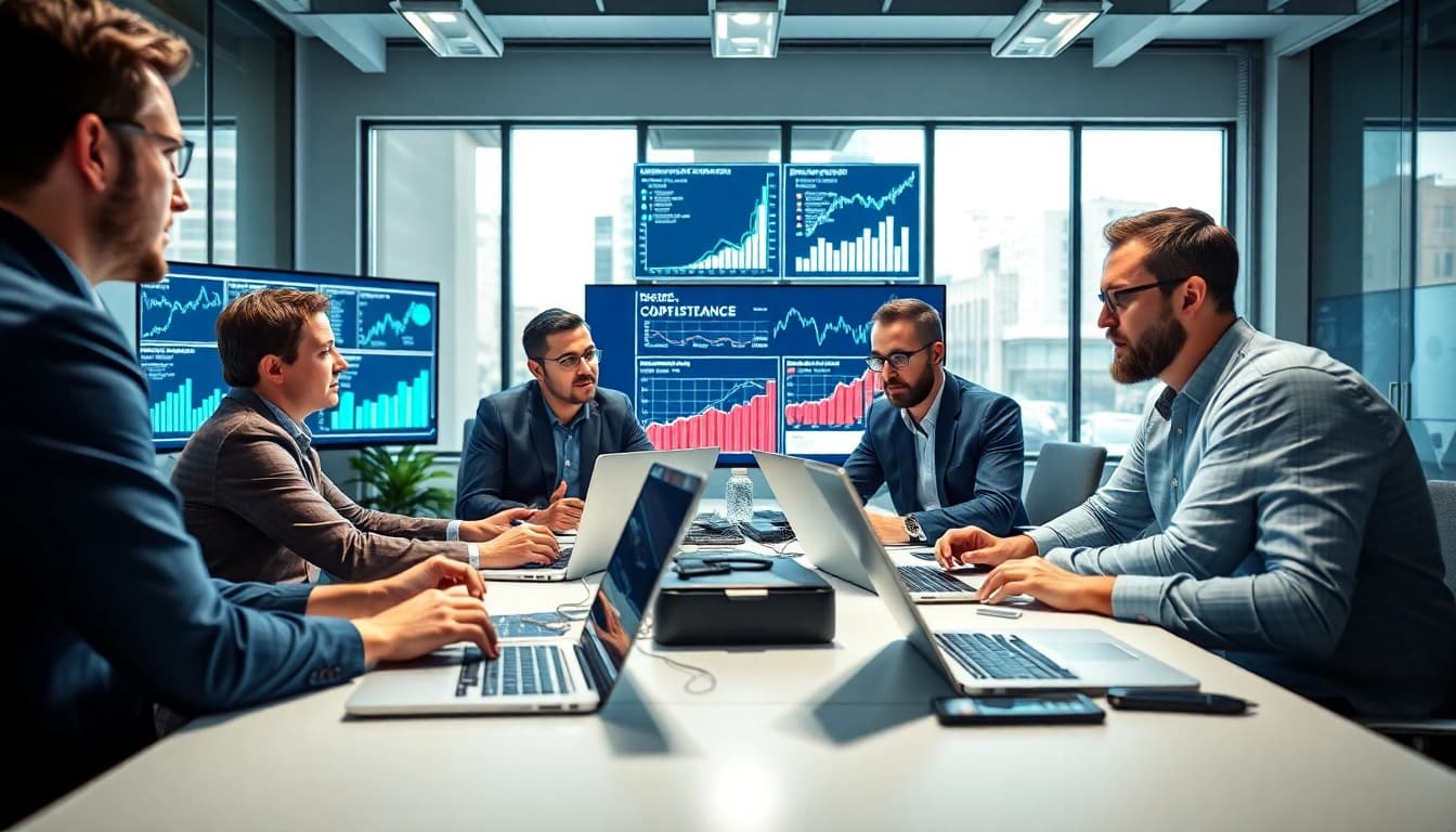 AI for competitive intelligence visualized by professionals analyzing data and insights.
