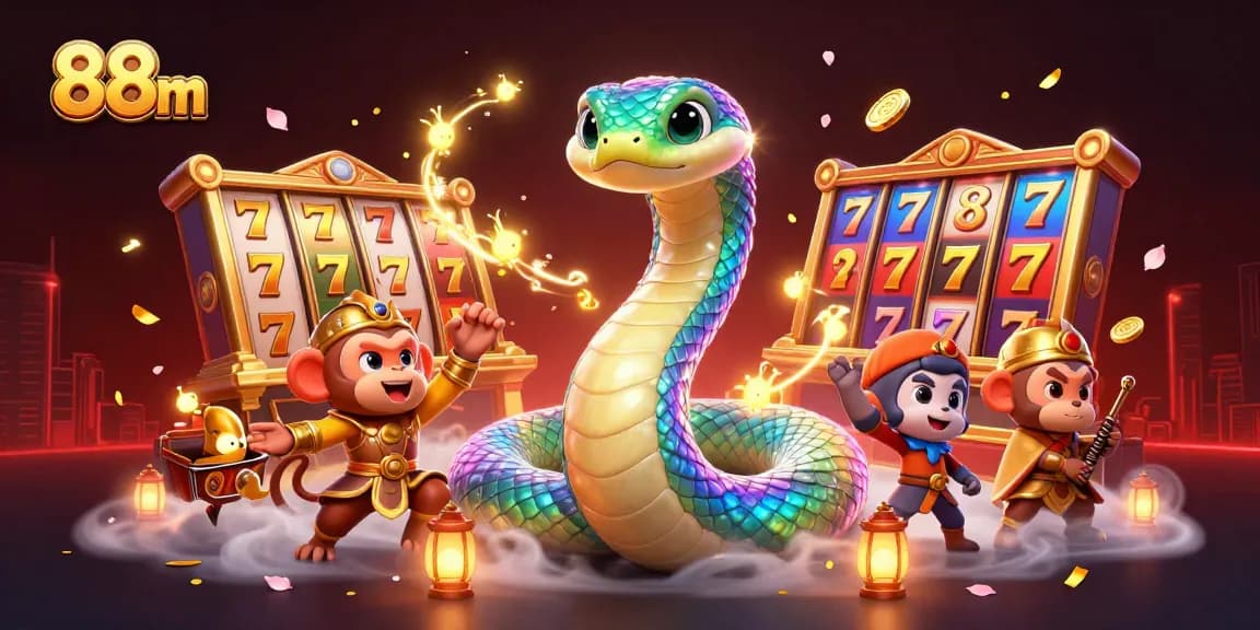 Play casino games at 88m with vibrant visuals of a colorful serpent and jackpot slots.