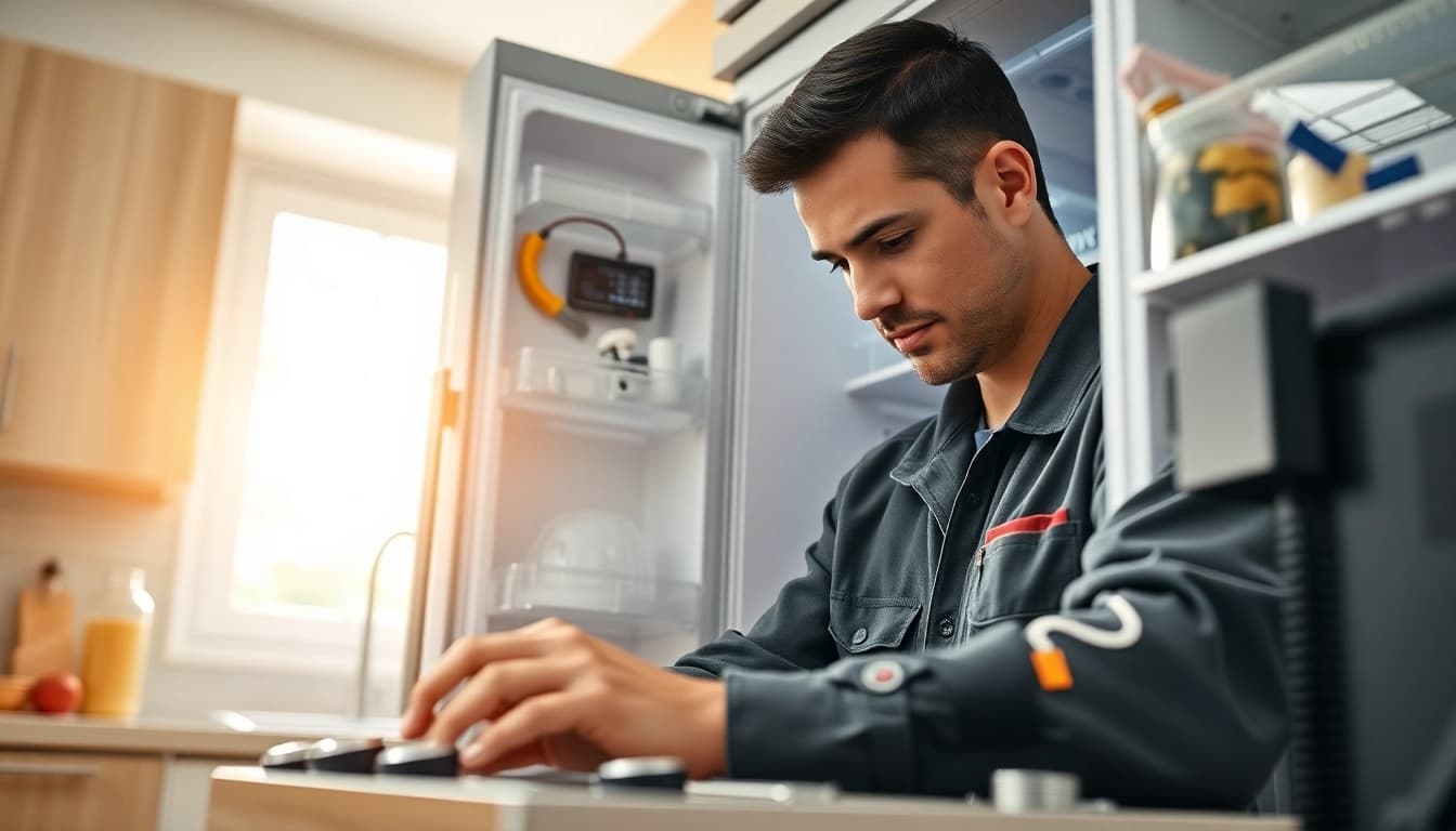 Engaged technician performing appliance repair near me in a bright kitchen.