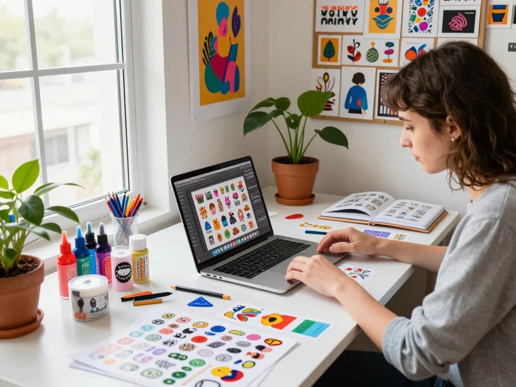 Creative workspace featuring custom stickers design tools and vibrant colors, ideal for artists and designers.