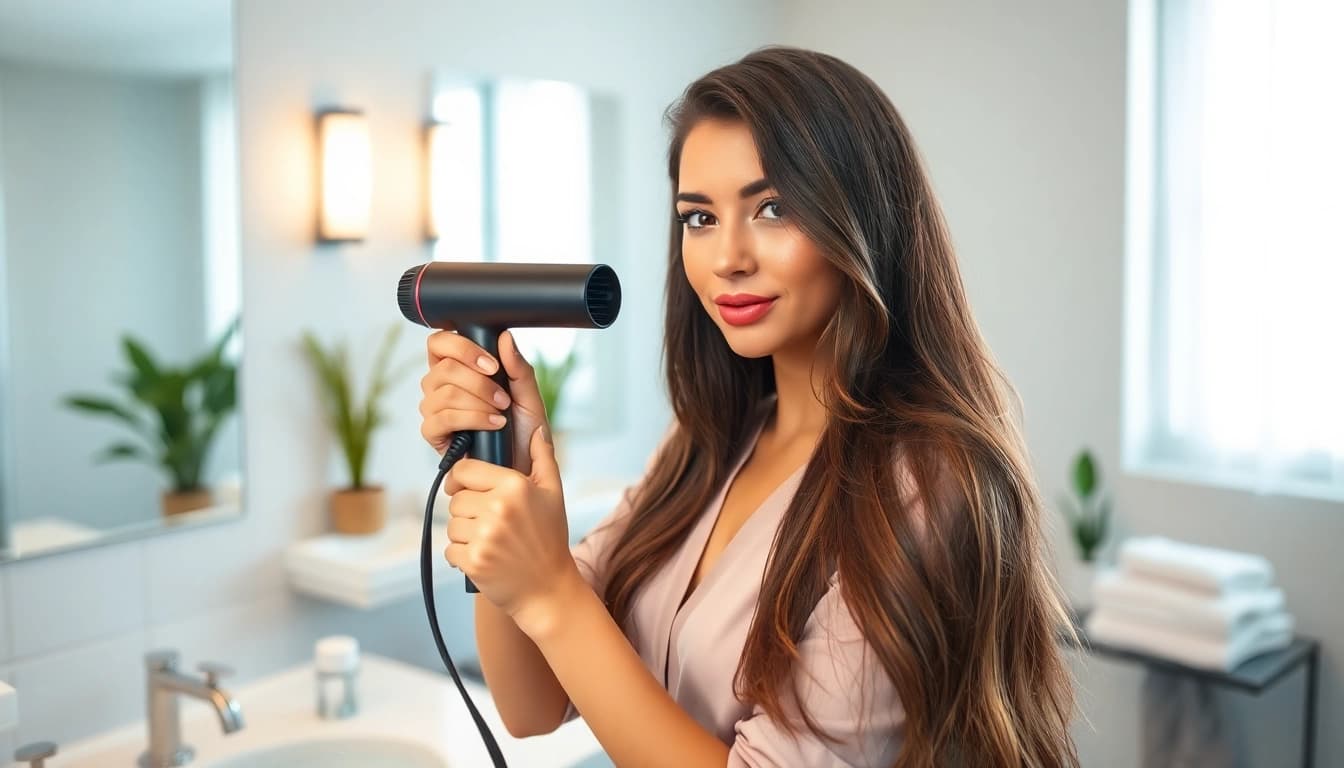 Transform frizzy hair with a high-quality frizzy hair dryer in a chic bathroom setting.