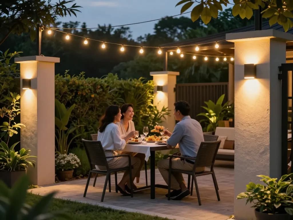 Dusk to dawn outdoor lights illuminating a cozy patio, enhancing evening gatherings with warm ambiance.