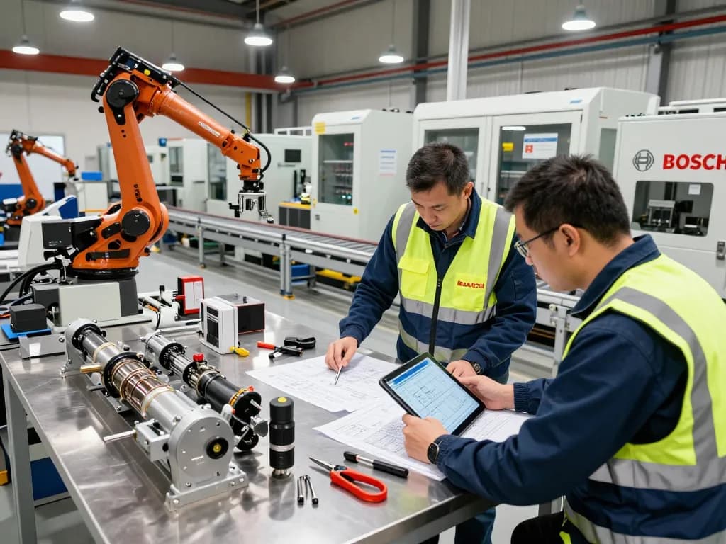 Engineers collaborating on Bosch Rexroth hydraulic solutions in a modern workshop