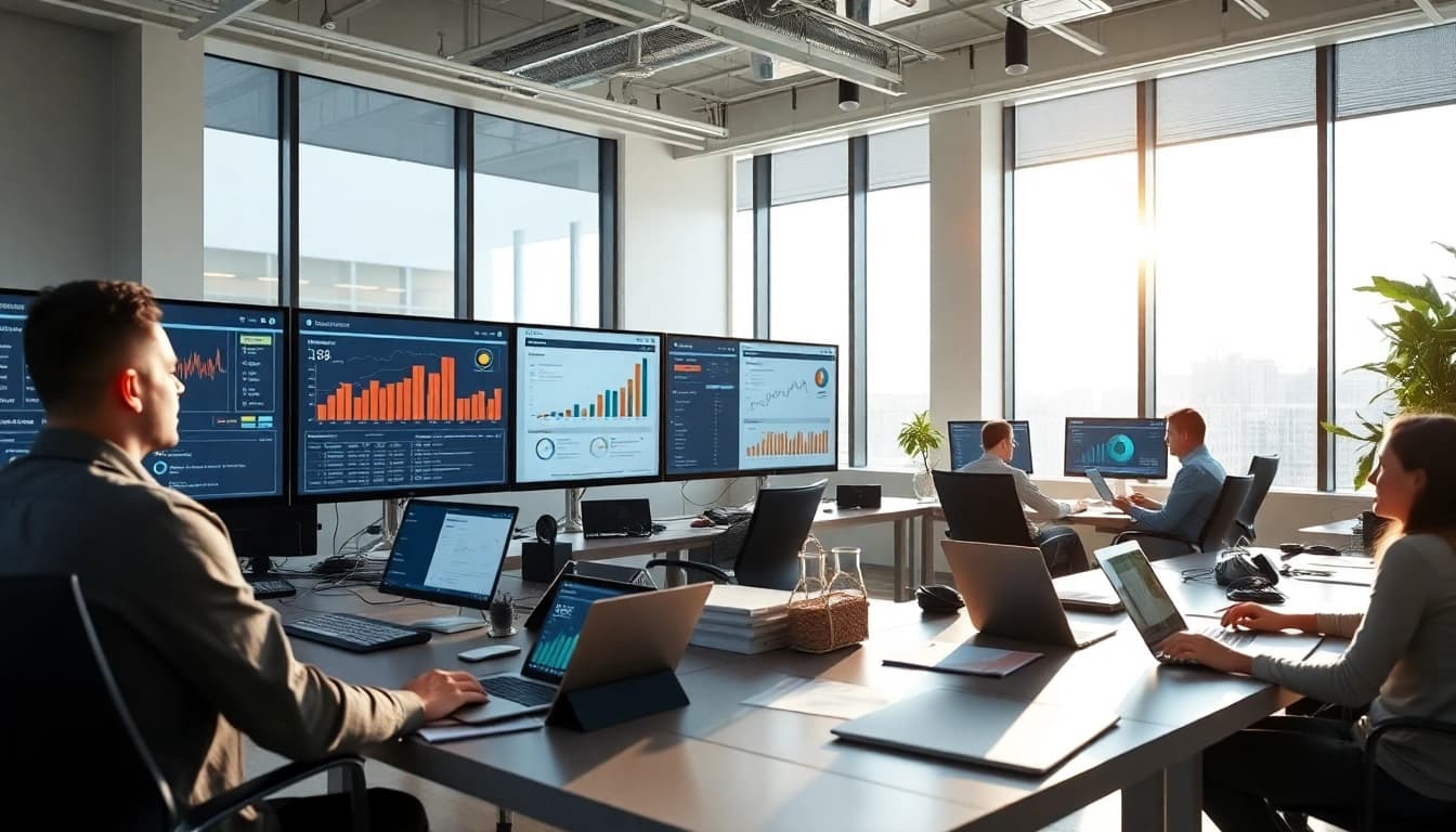 Visualize an order processing software interface in a modern office highlighting data management trends.