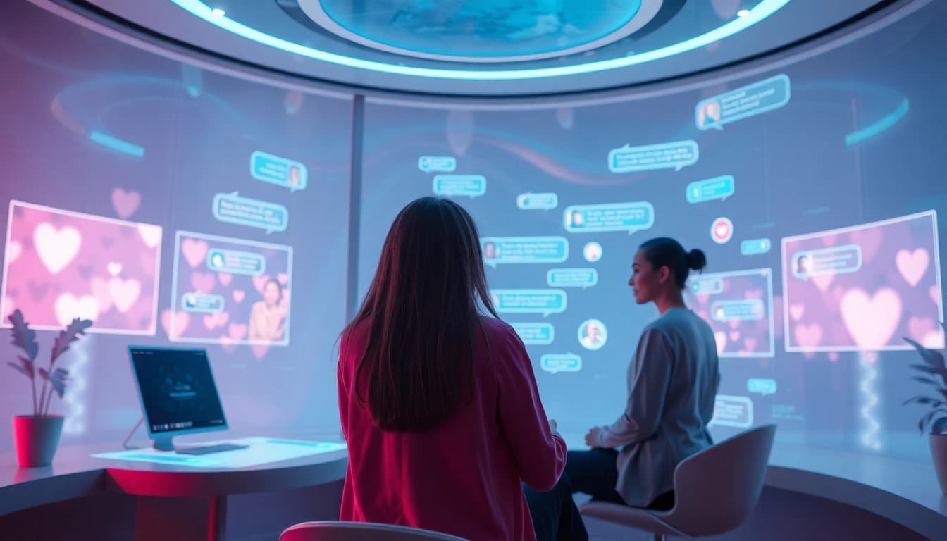 Engaging AI interactions in a futuristic chat setting representing sex ai.