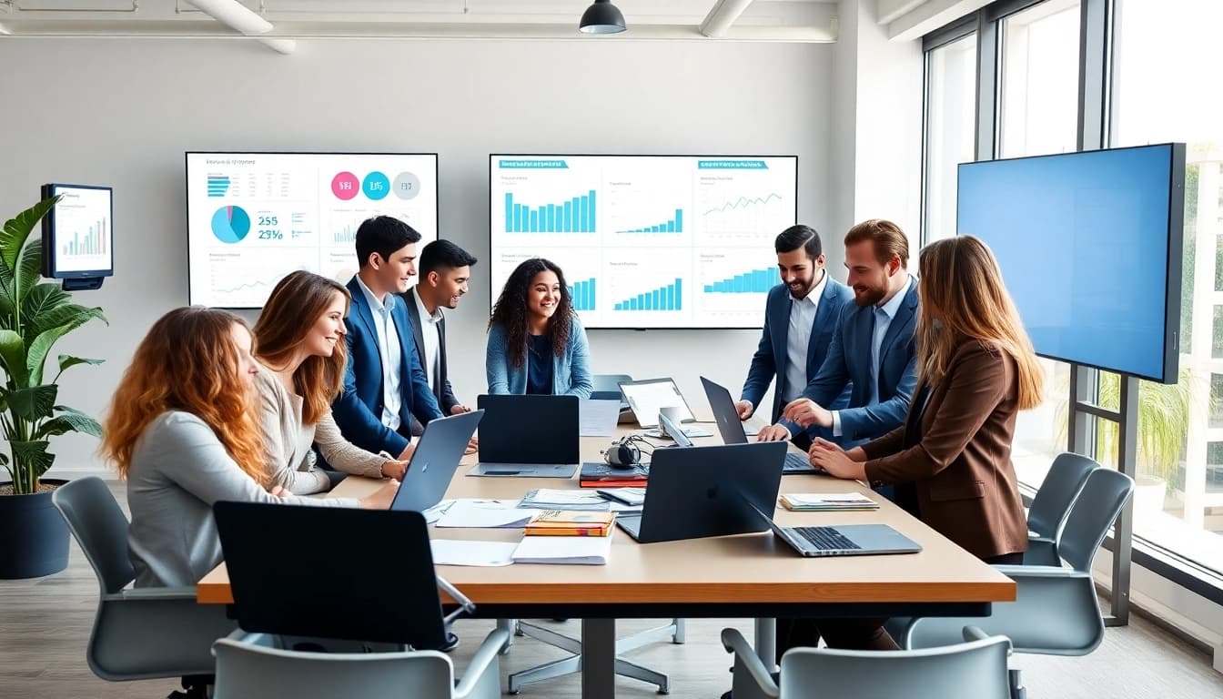 Showcase of fractional CMO services enhancing team collaboration in a modern office.