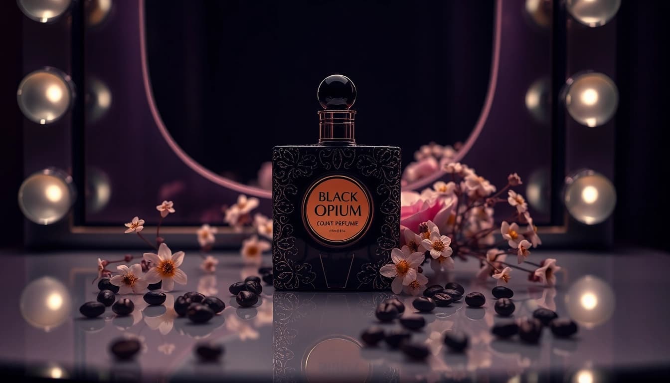Admire the alluring Black Opium perfume bottle showcasing its luxurious design and rich details.