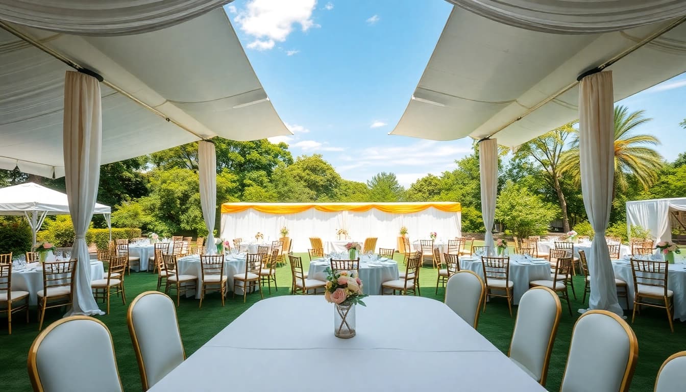 Setup of Corporate Event Rentals featuring a beautifully arranged outdoor setup with tents and elegant furnishings.