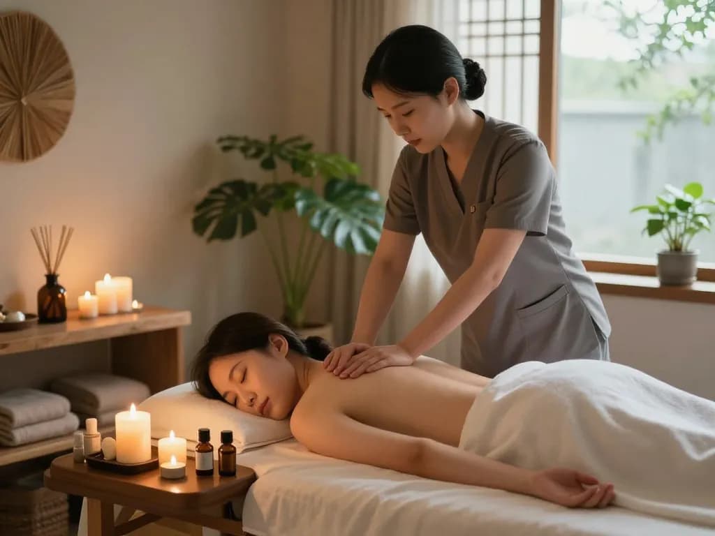 A relaxing scene of a professional providing 역삼동마사지 in a serene spa environment with calming candles and soothing decor.