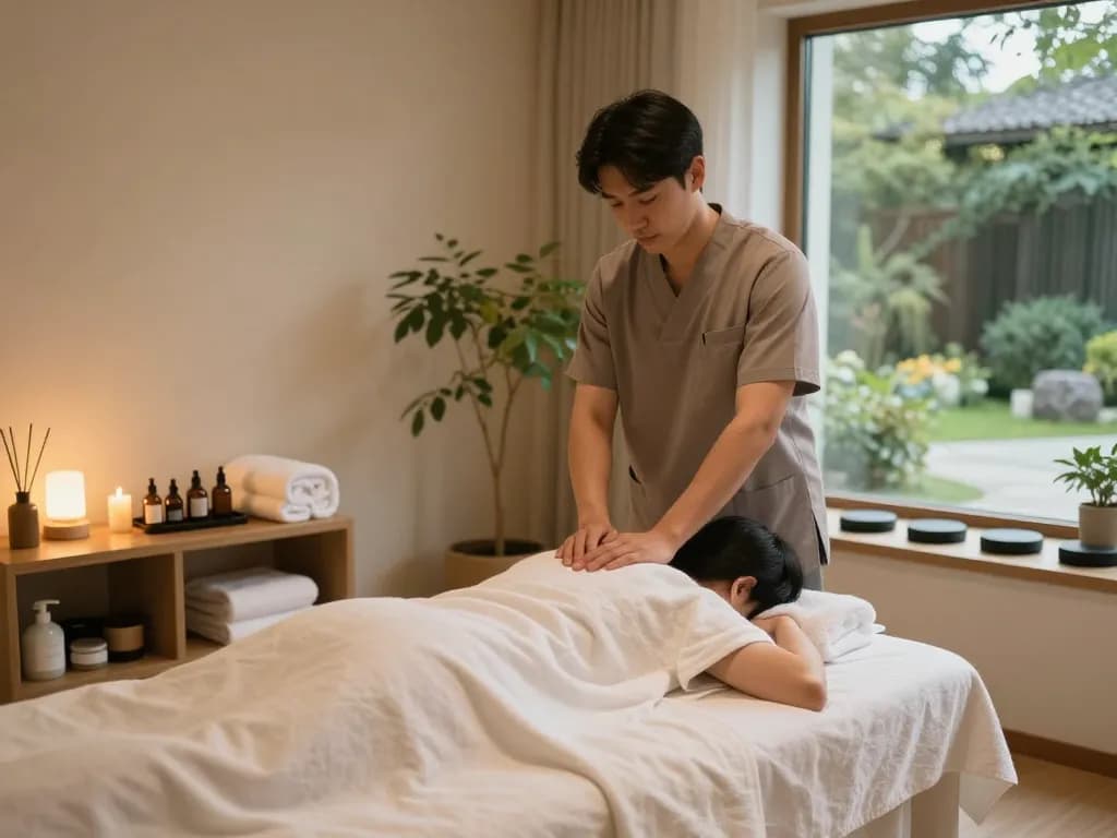 신사동마사지 being performed in a relaxing wellness spa setting with soothing elements and ambient light.