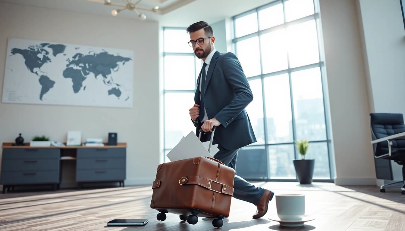 Business traveler preparing for a 출장 in a modern office setting with sleek design.
