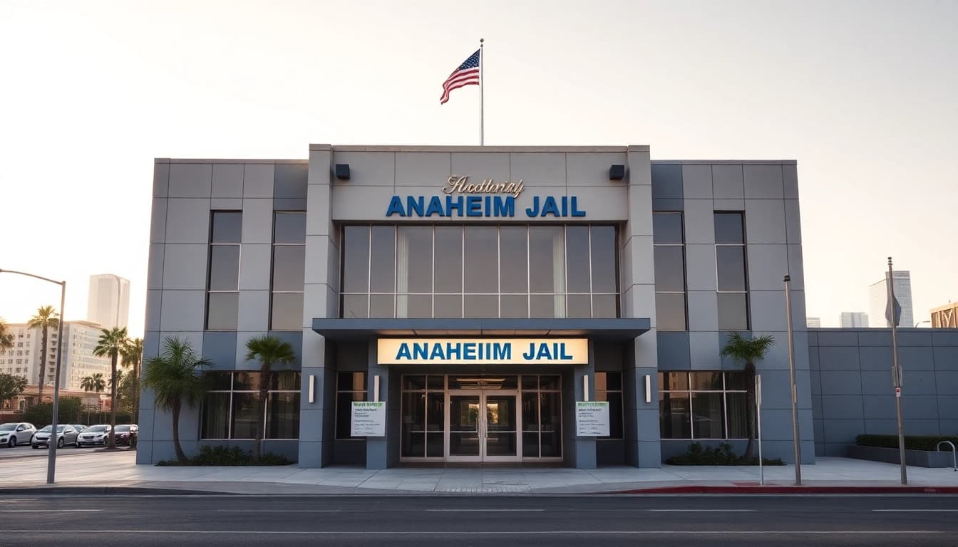 Capture of Anaheim Jail police station emphasizing community safety with inviting architecture and urban backdrop.