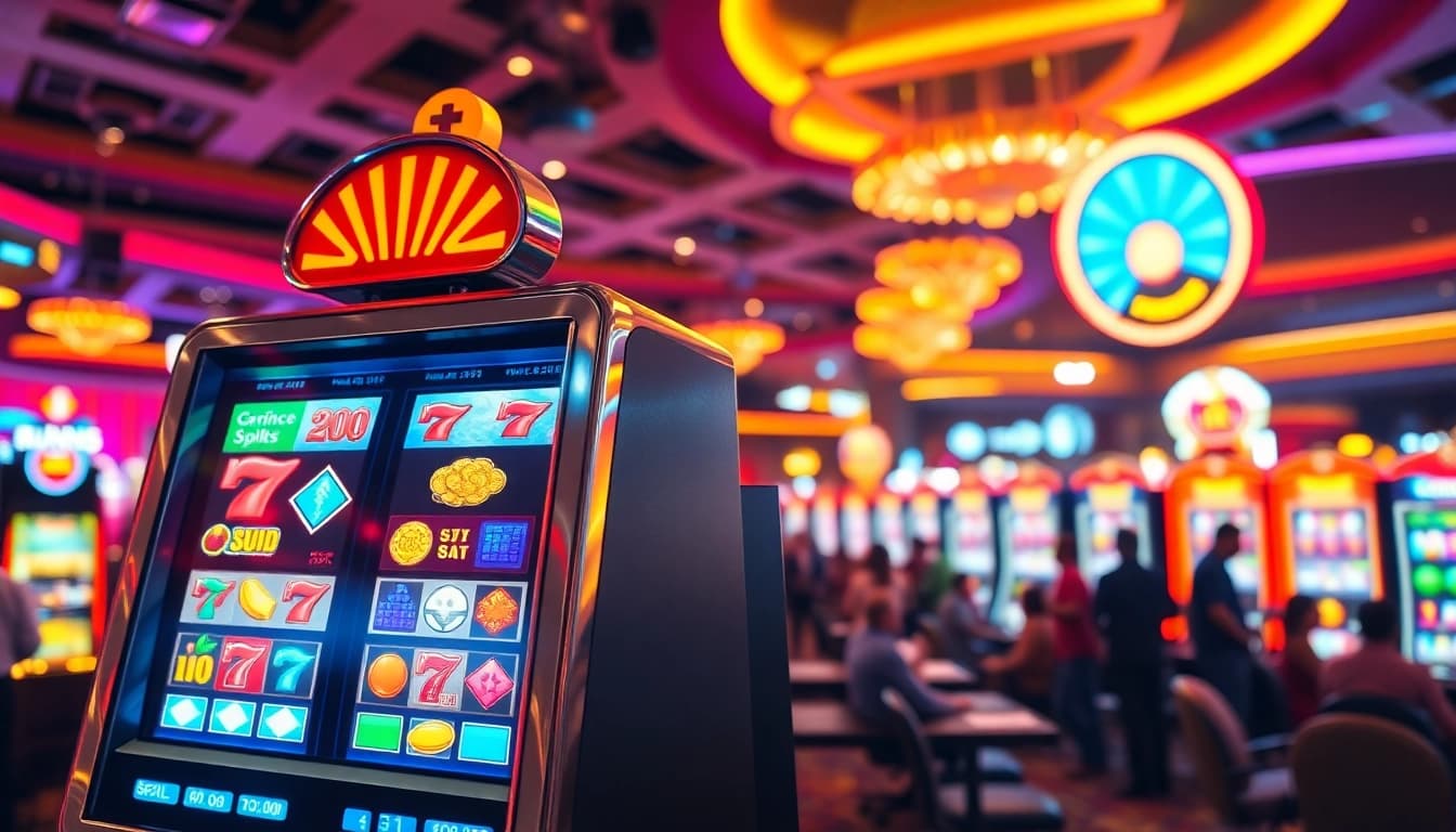 Menangkan slot di mesin permainan kasino yang penuh warna dan energi.