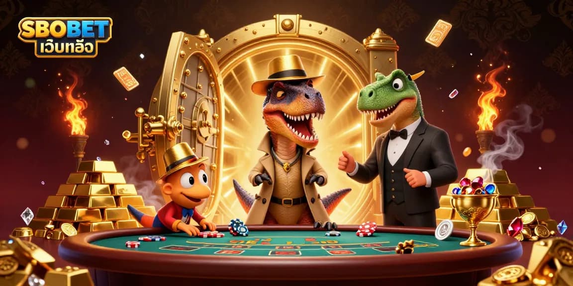 Experience thrilling gameplay with SBOBET เว็บตรง at a lively blackjack table featuring a cartoon velociraptor and friends.