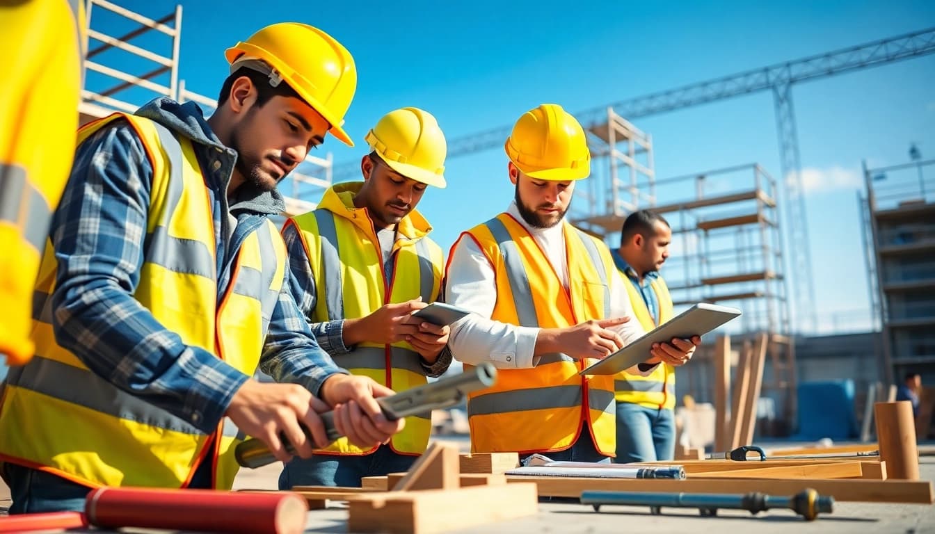 Learn construction apprenticeship skills as apprentices collaborate on-site with tools.