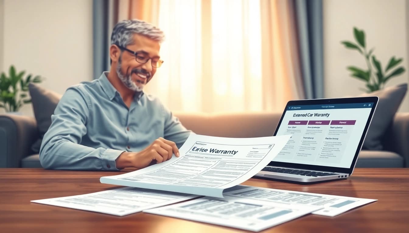 Reviewing an extended car warranty documentation in a cozy home environment.