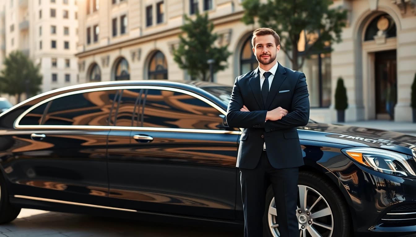 Engaging chauffeur hire service showcasing a professional chauffeur beside a luxury sedan.