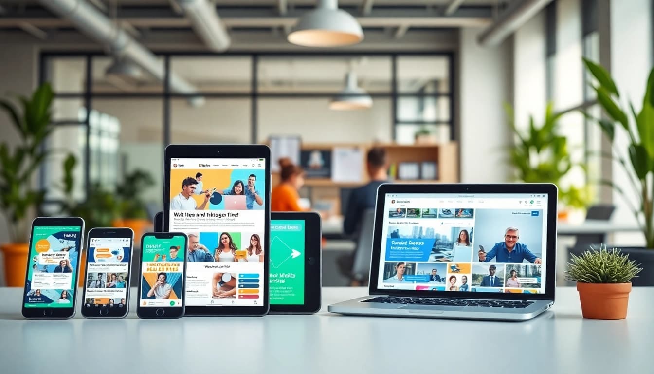 Showcase impactful social media ads using engaging visuals on digital devices in a bright office.