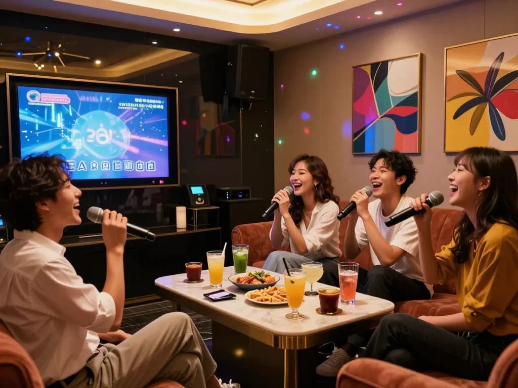 럭셔리 라운지에서 친구들과 함께 노래하고 음료를 즐기는 gangnamtune.com/perfect의 신나는 노래방 경험.