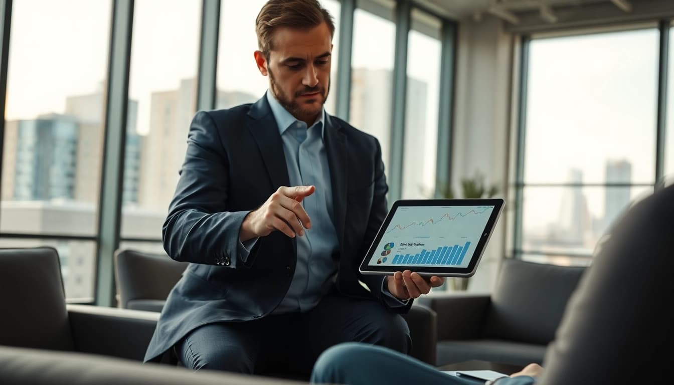 Engaging financial advisor San Antonio consulting a client in a modern office setting.
