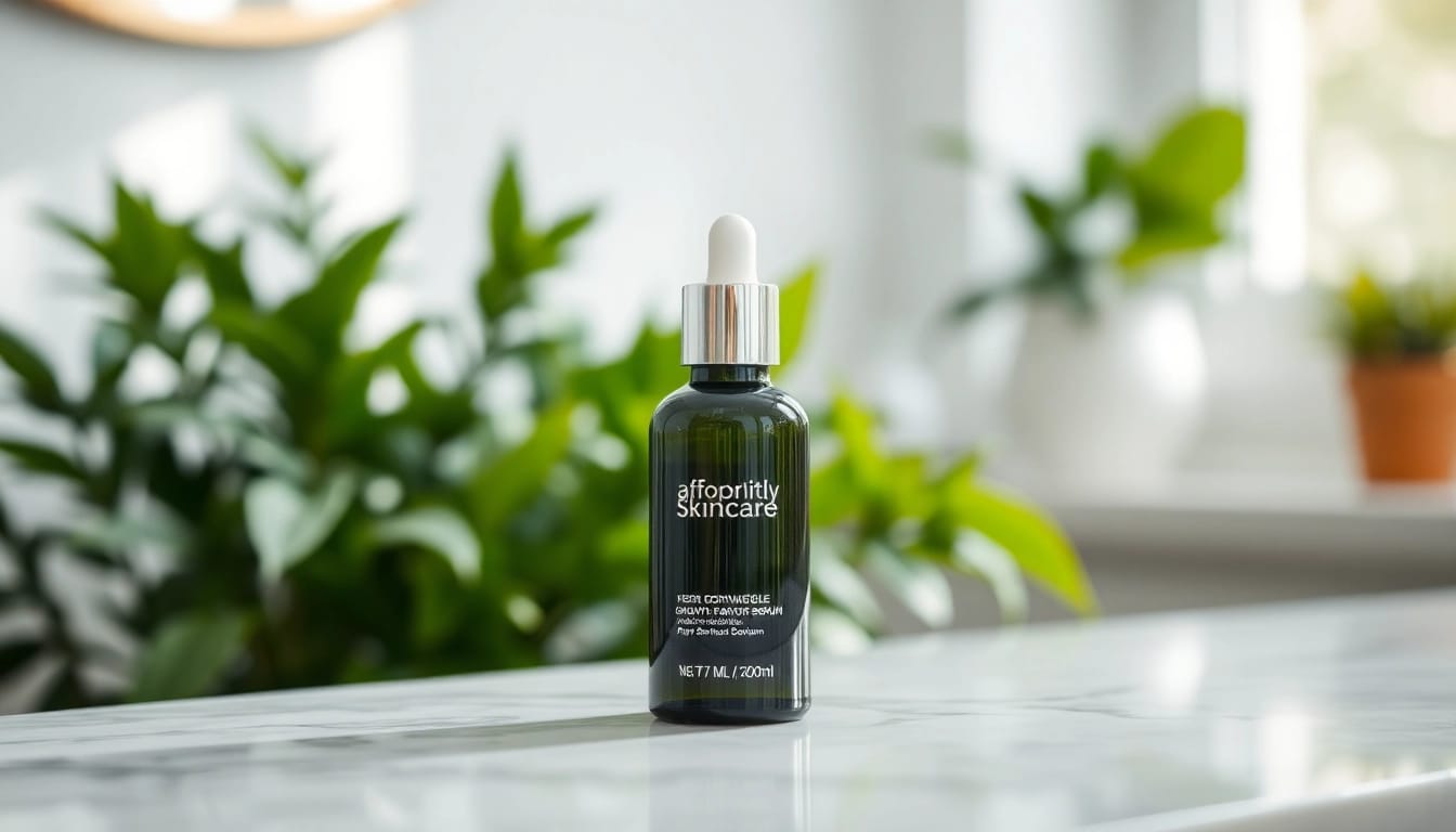 Promote the affordable growth factor serum in a bright skincare setting, evoking freshness and rejuvenation.