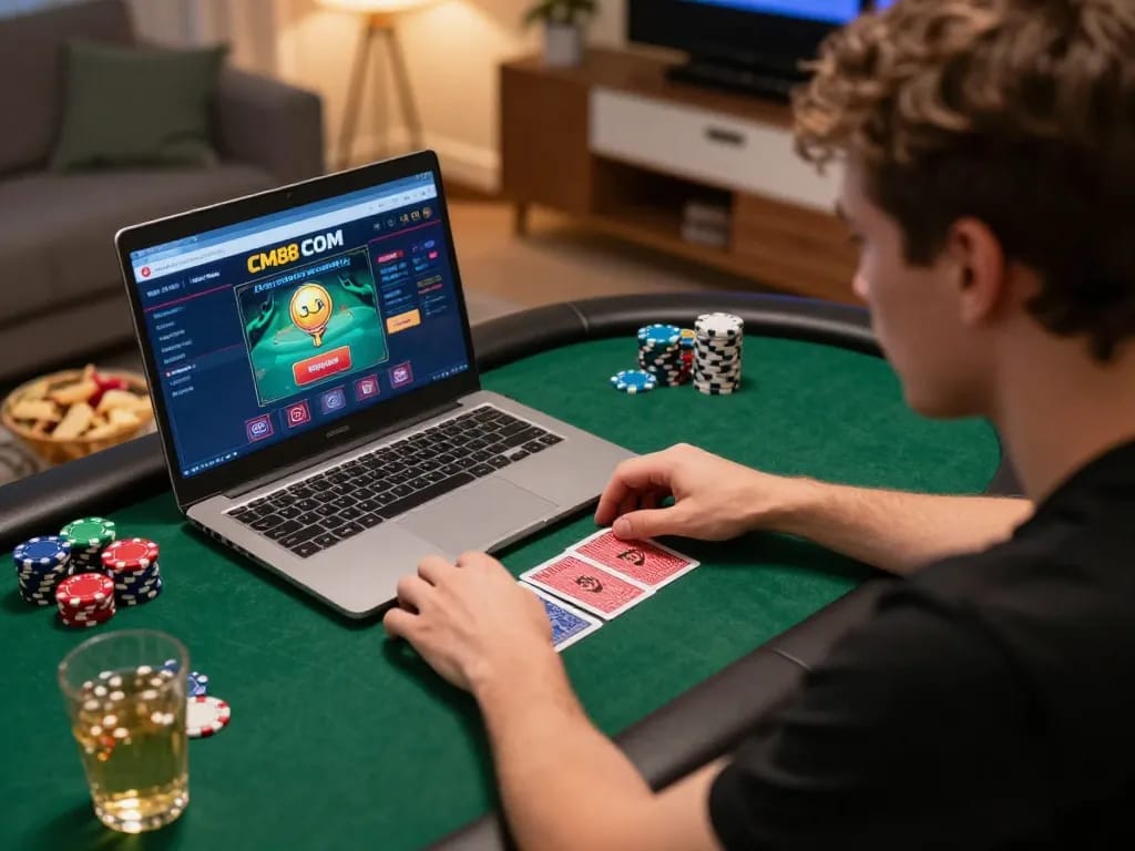 Player engaging with CM88 COM platform on laptop during home online gambling session, surrounded by chips and cards.