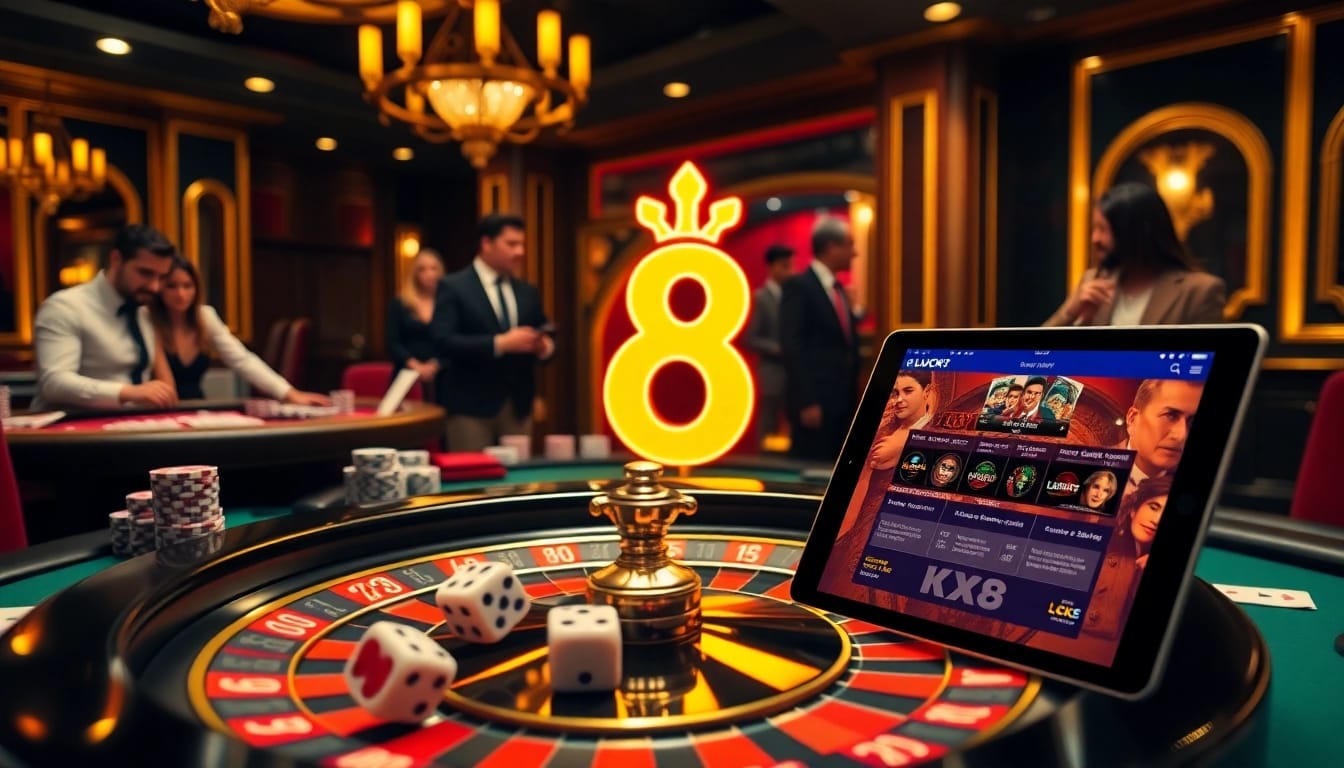 Experience the thrill of Luck8 with poker chips and digital interfaces in an inviting casino atmosphere.