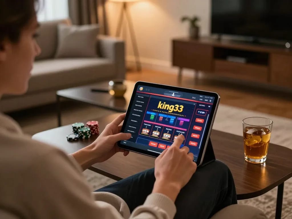 Person playing on king33 casino app from a cozy home setting, showcasing online gambling experience.
