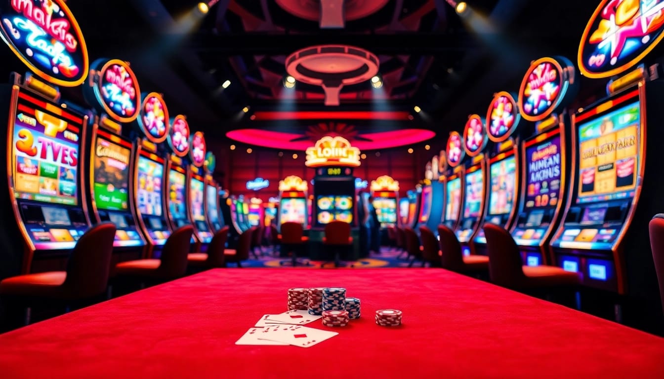 Exciting casino scene illustrating players engaging with login new77 slot machines amidst vibrant lighting.