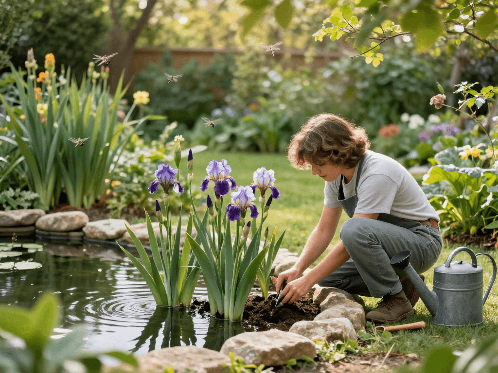 Marginal pond plants including irises and cattails being planted by a gardener in a tranquil pond setting.
