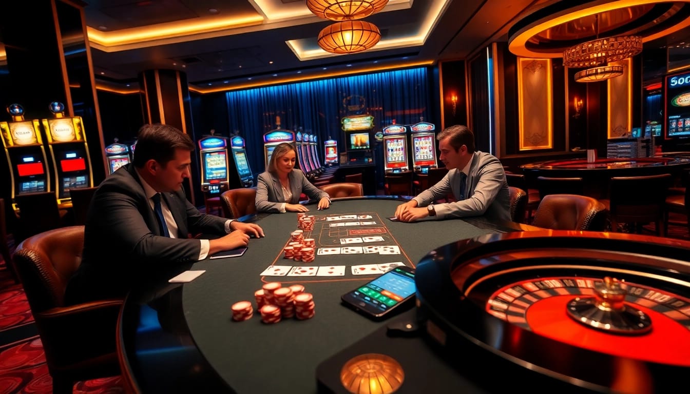 Sбobet players enjoying a high-stakes poker game in a luxurious casino environment.