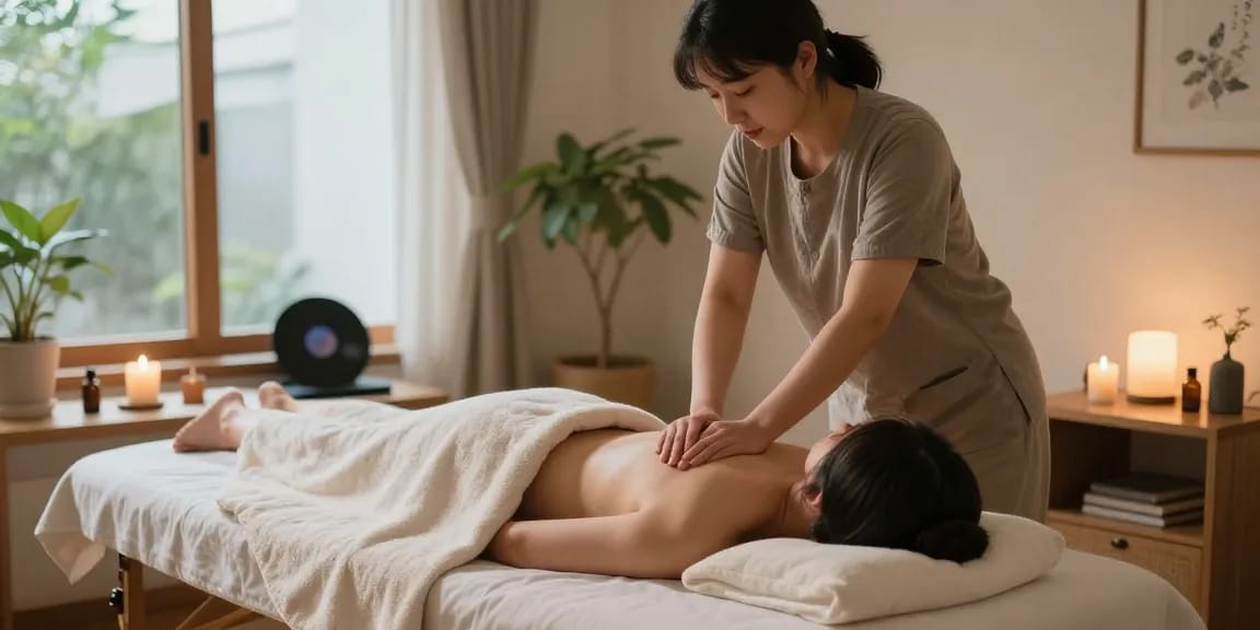 인계동출장마사지 세션을 받는 고객과 마사지 치료사의 아늑한 집에서의 편안한 장면
