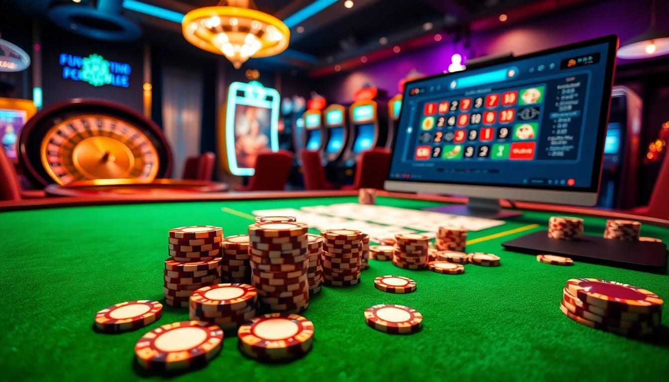 Experience the thrill of online gambling at https://777vipbr.app/ with vibrant casino tables, poker chips, and slot machines.